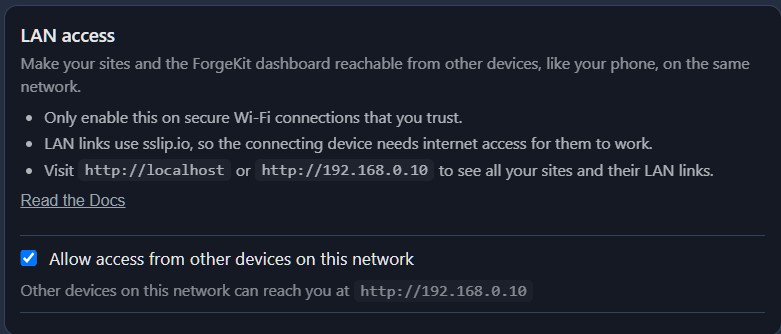 The LAN access section in ForgeKit Preferences, showing the checkbox enabled and the detected LAN IP