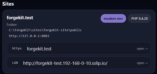 The ForgeKit dashboard showing two site cards, each with their normal domain and a separate LAN link using sslip.io