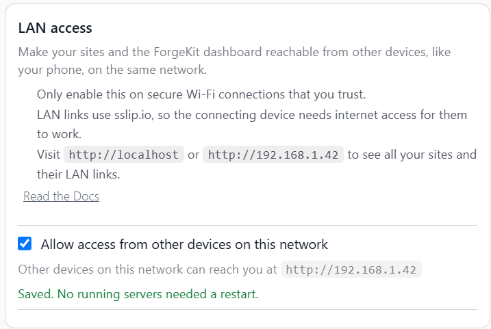 The LAN access section in ForgeKit Preferences, showing the checkbox enabled and the detected LAN IP